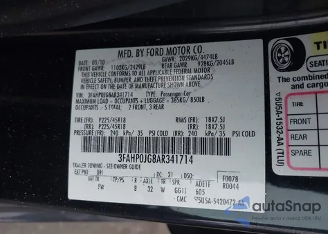 2010 Ford Fusion Sel from USA, damaged, VIN 3FAHP0JG8AR341714